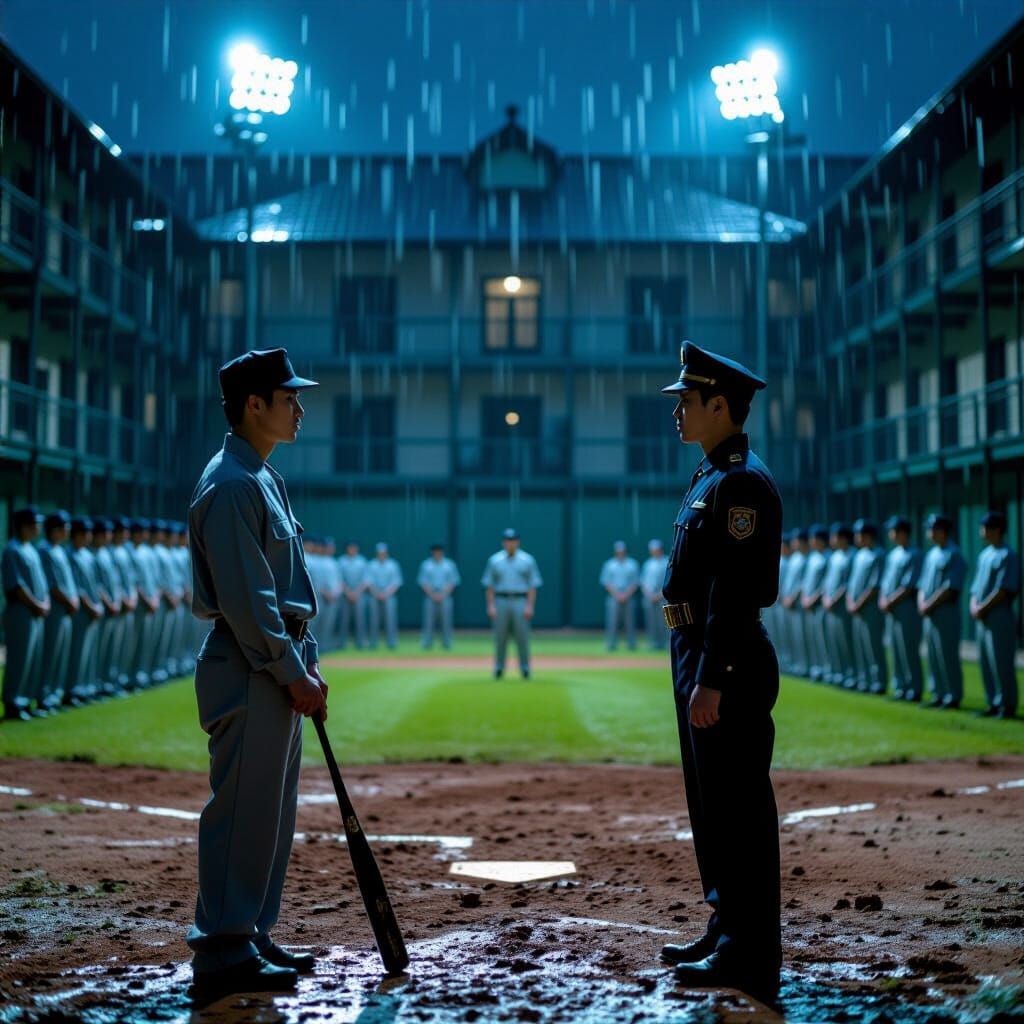 Prison Baseball Game in Pre-Raphaelite Style