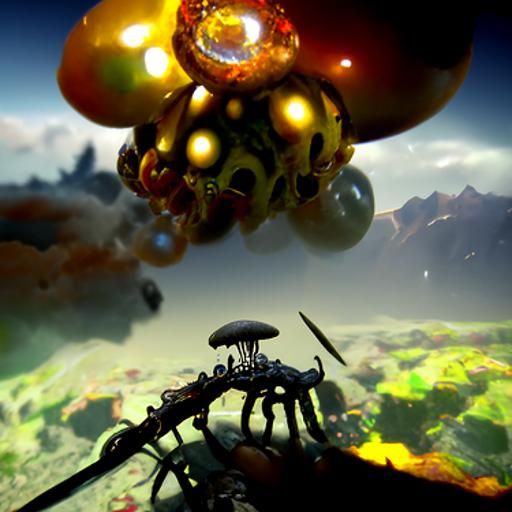 Myconid Soaring with Steampunk Engine, Hyperrealistic Art