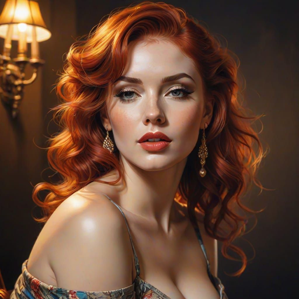 Sensual Pin-Up Portrait in Vibrant Oil Painting Style