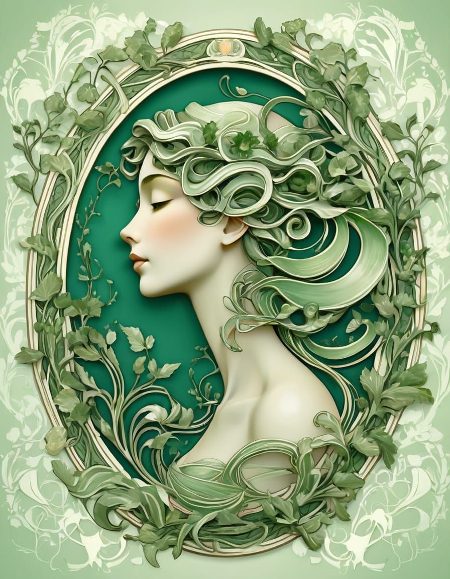 Art Nouveau Woman Emerges From Emerald Botanical Frame