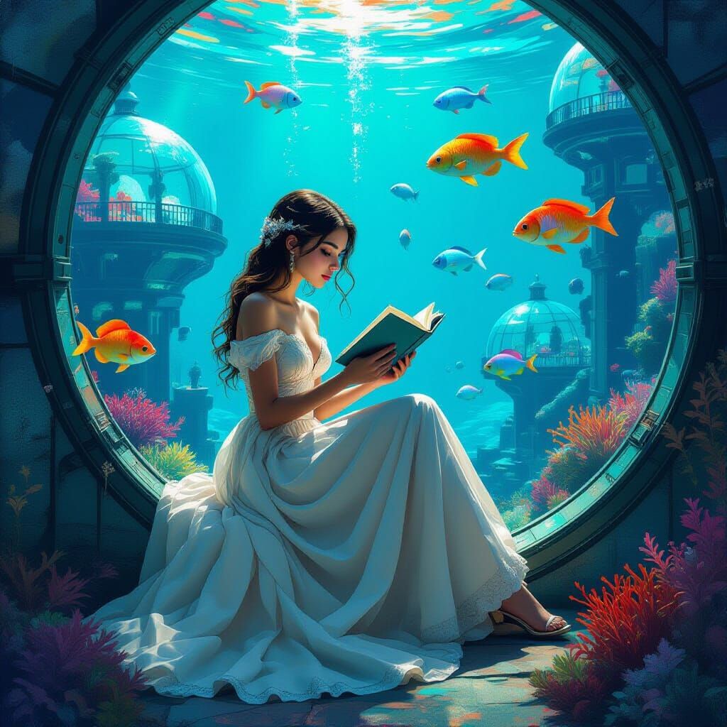 Underwater City Scene with Woman Reading, Matte Painting