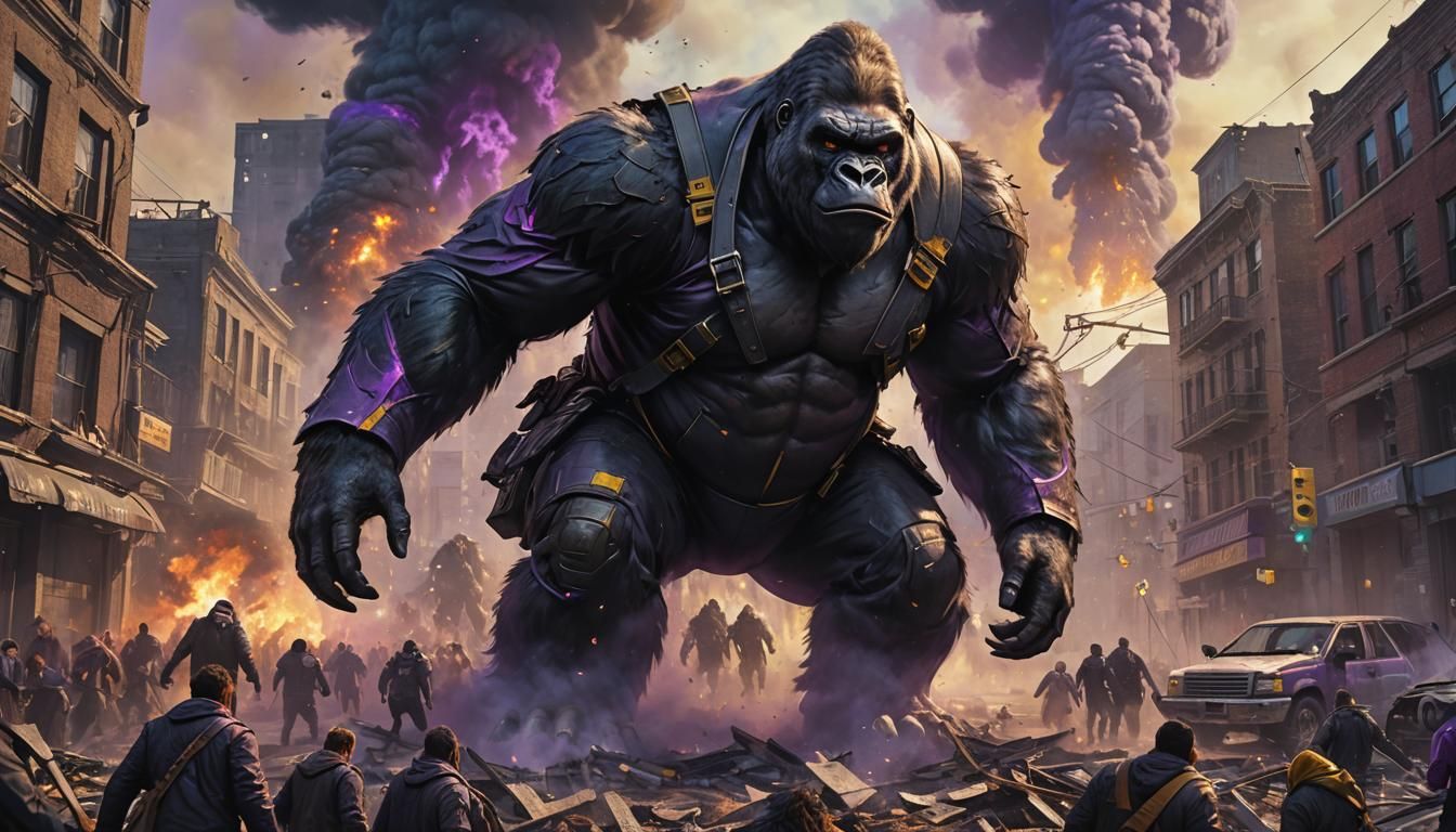 Giant Gorilla Rampages Through City: Dark Fantasy Art