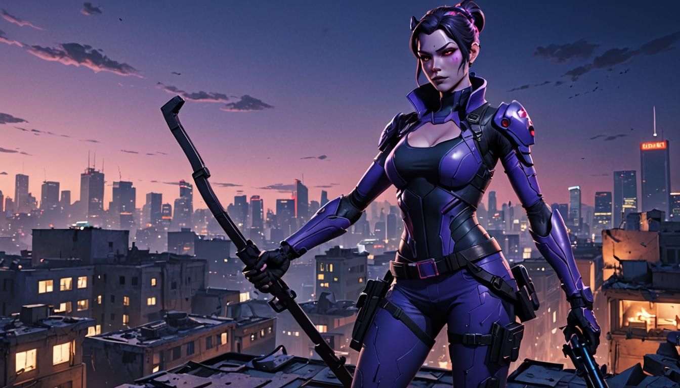 Widowmaker on Ruined Rooftop in Anime Style