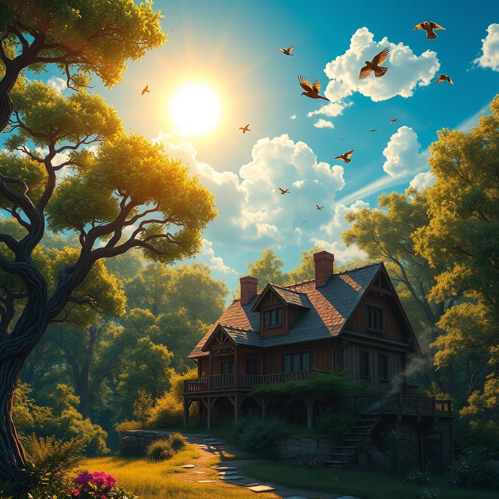 Rustic Farmhouse in Vibrant Forest Landscape