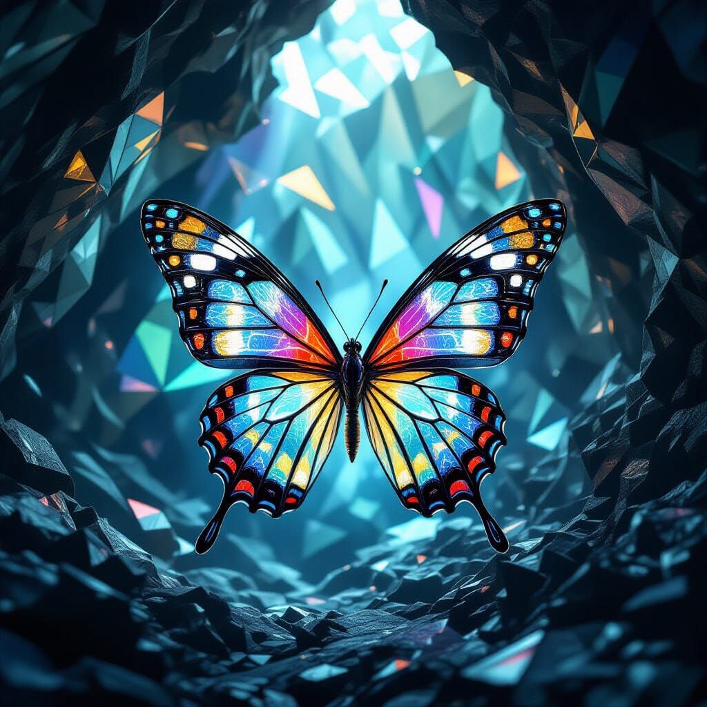 Crystalline Butterfly with Stained Glass Wings