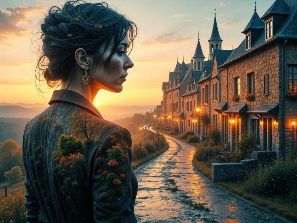 Double Exposure: Woman's Gaze Meets French Village Sunset