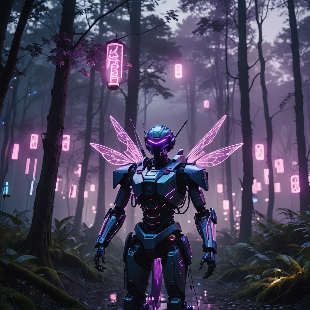 Cyberpunk Robot Fairy in Neon Forest