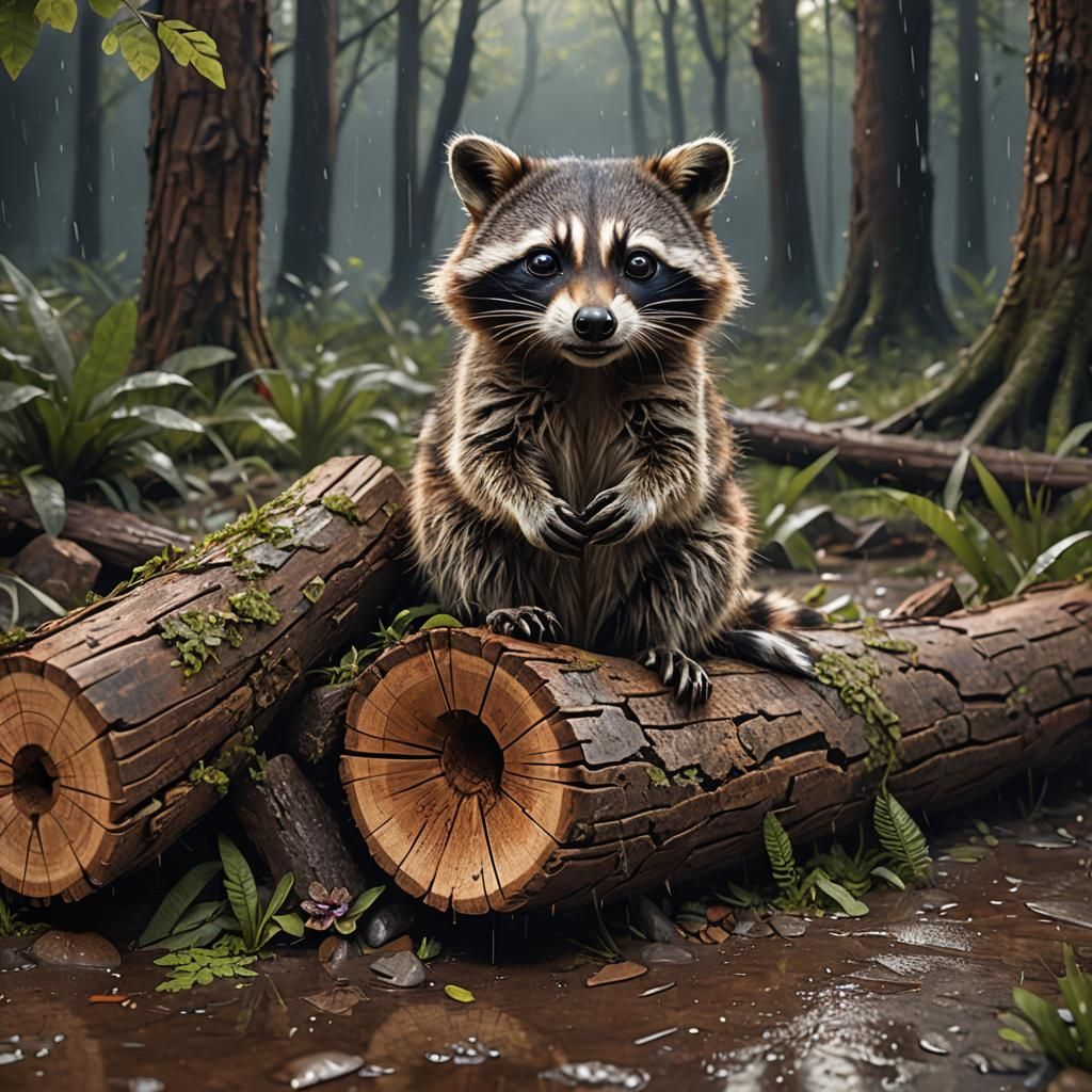 Raccoon in Log: Detailed Matte Painting on Rainy Day