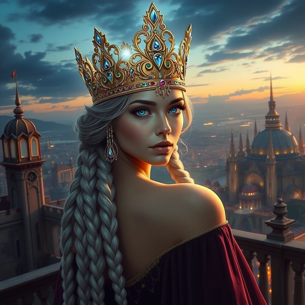 Regal Queen with Sapphire Eyes and Jeweled Crown Overlooking...