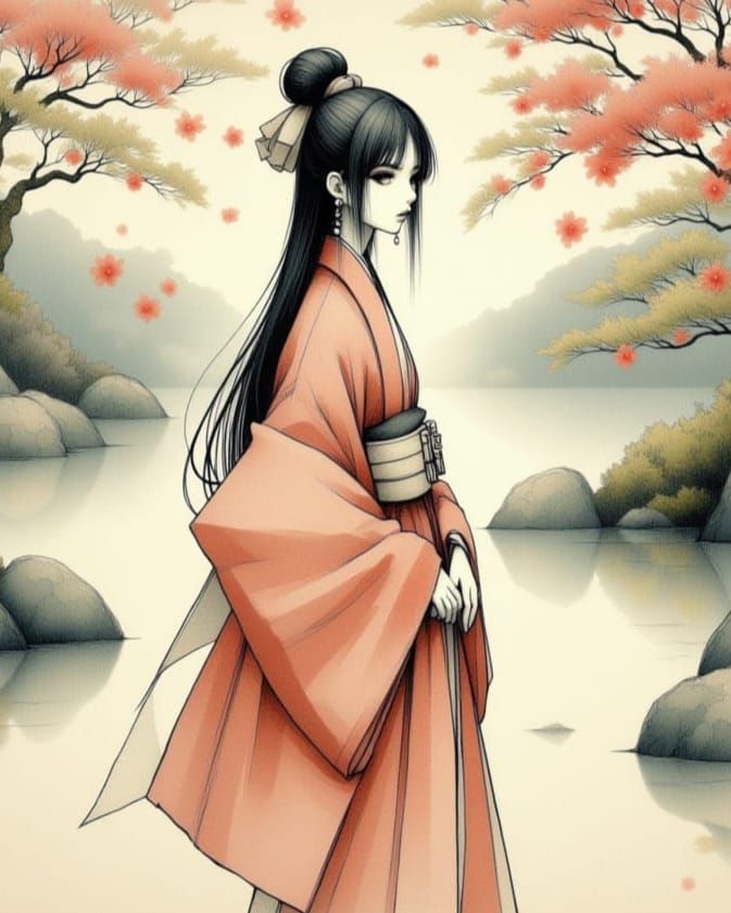 Elegant Anime in Serene Japanese Garden
