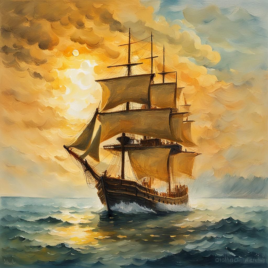 1700s Ship on Calm Waters as Gouache Impressionism