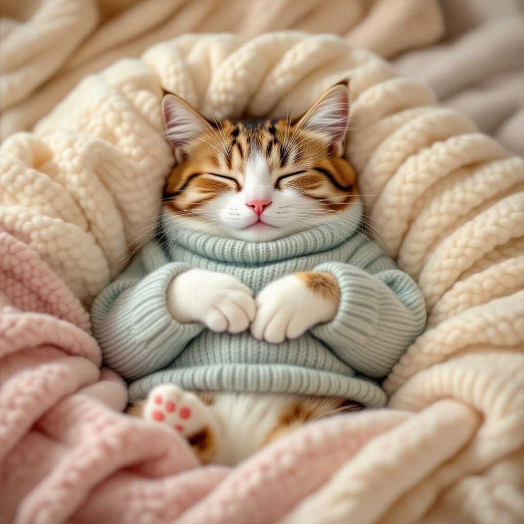 Cozy Cat Sleeping, Love Shape, Whimsical Illustration