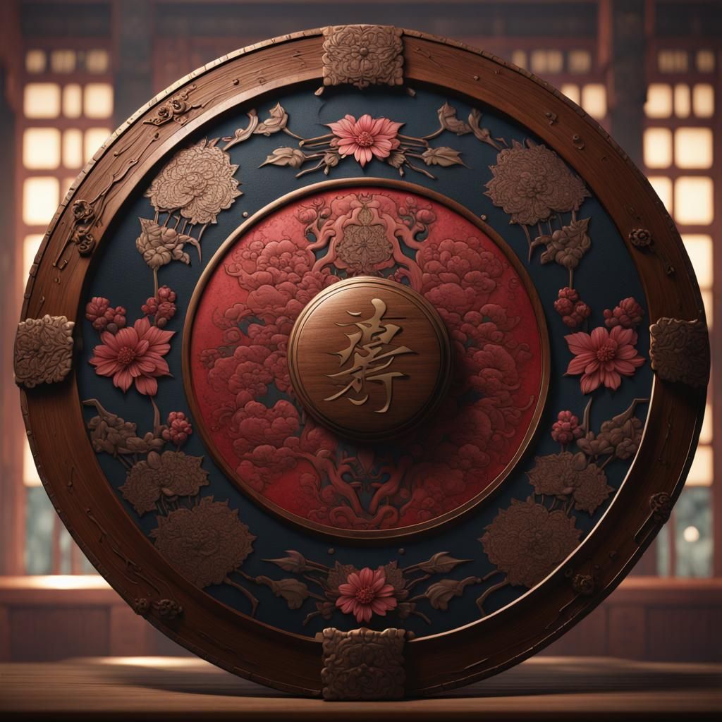 Japanese Shield with Sakura Flowers in Matte Painting