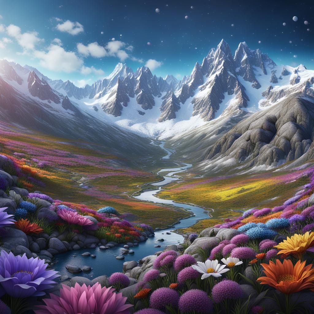Aerial View: Snowy Mountains and Colorful Valley
