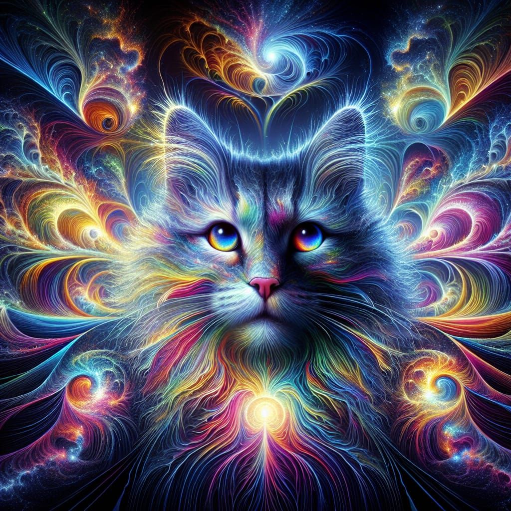 The cat should have a majestic and slightly otherworldly appearance, with fur that seems to shimmer and change color lik...