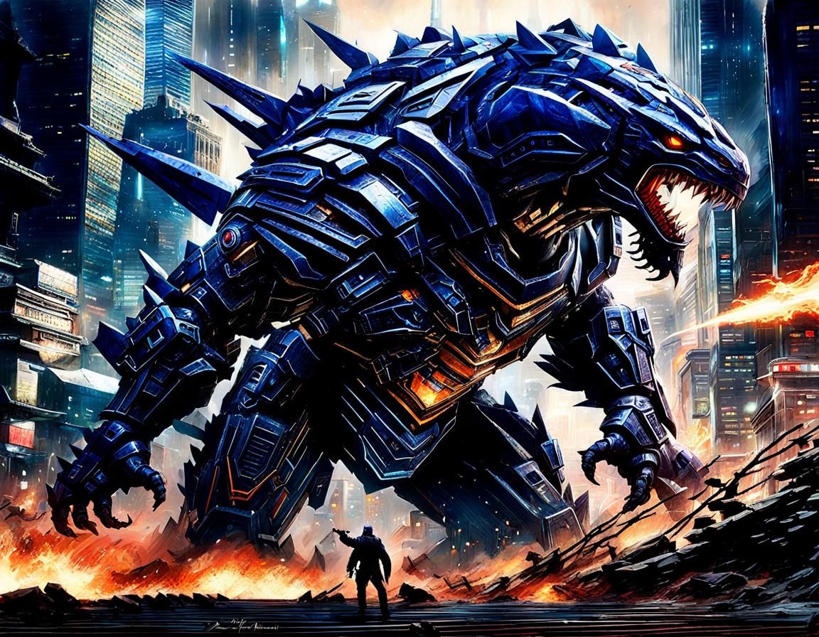 Mecha vs Kaiju in a Maximalist 3D Render