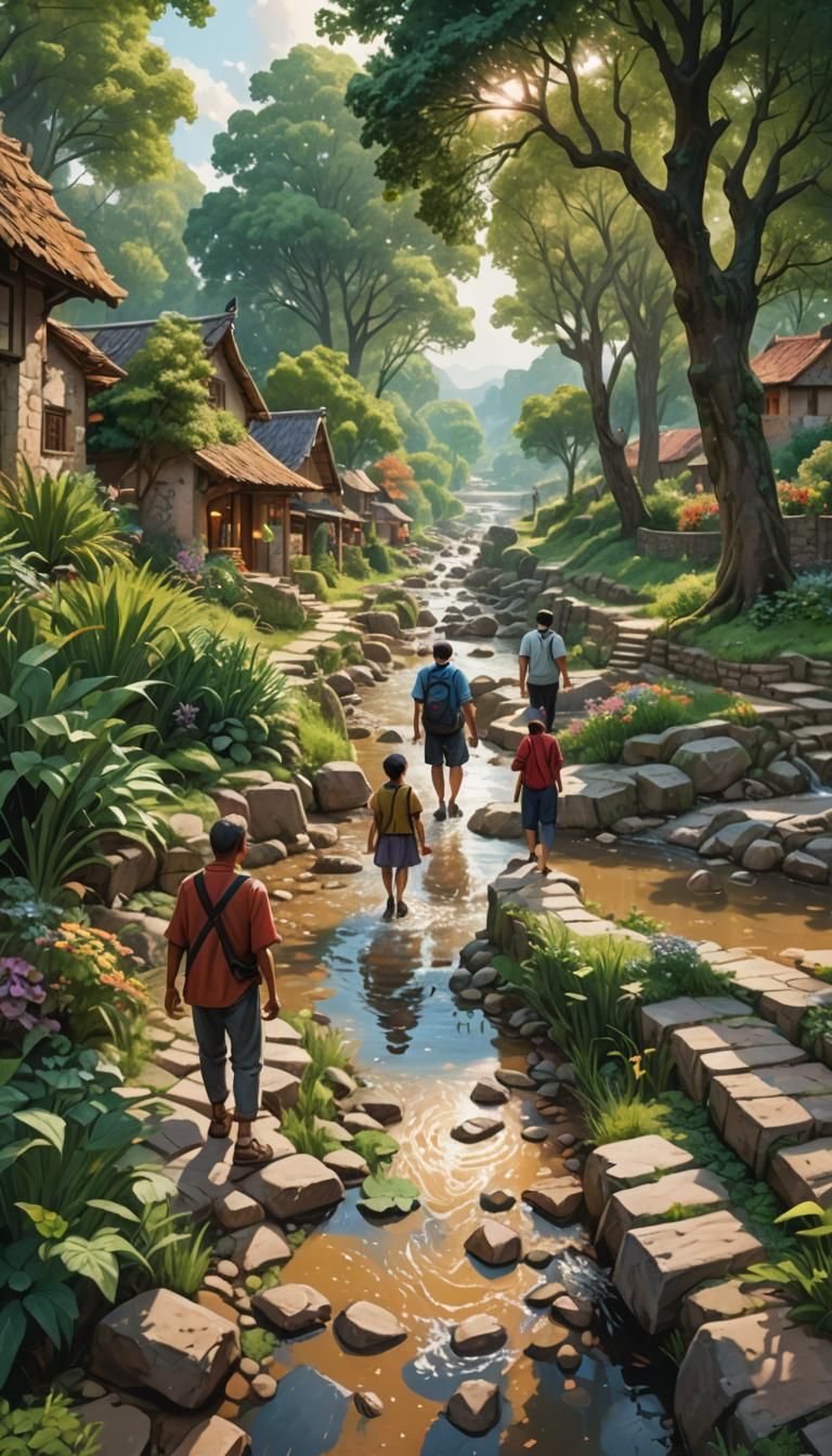 Hyperrealistic Villagers Strolling by Serene River