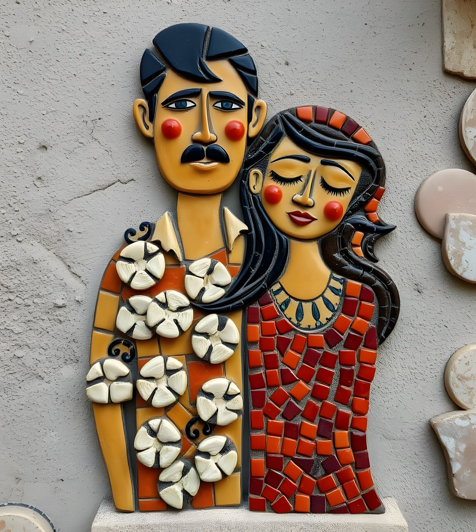 Folk Art Mosaic of a Couple in Earth Tones