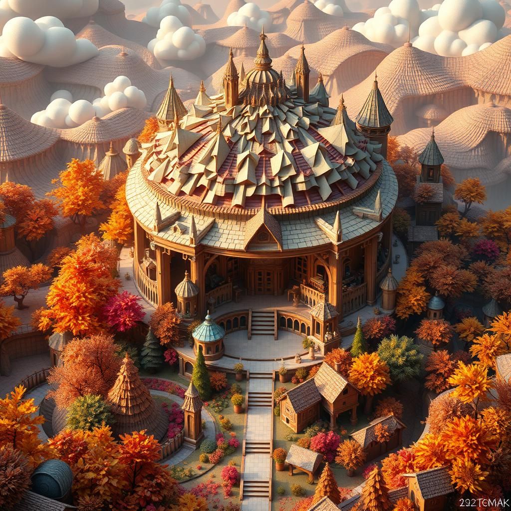 Fantasy Rotunda in Autumnal Origami Landscape