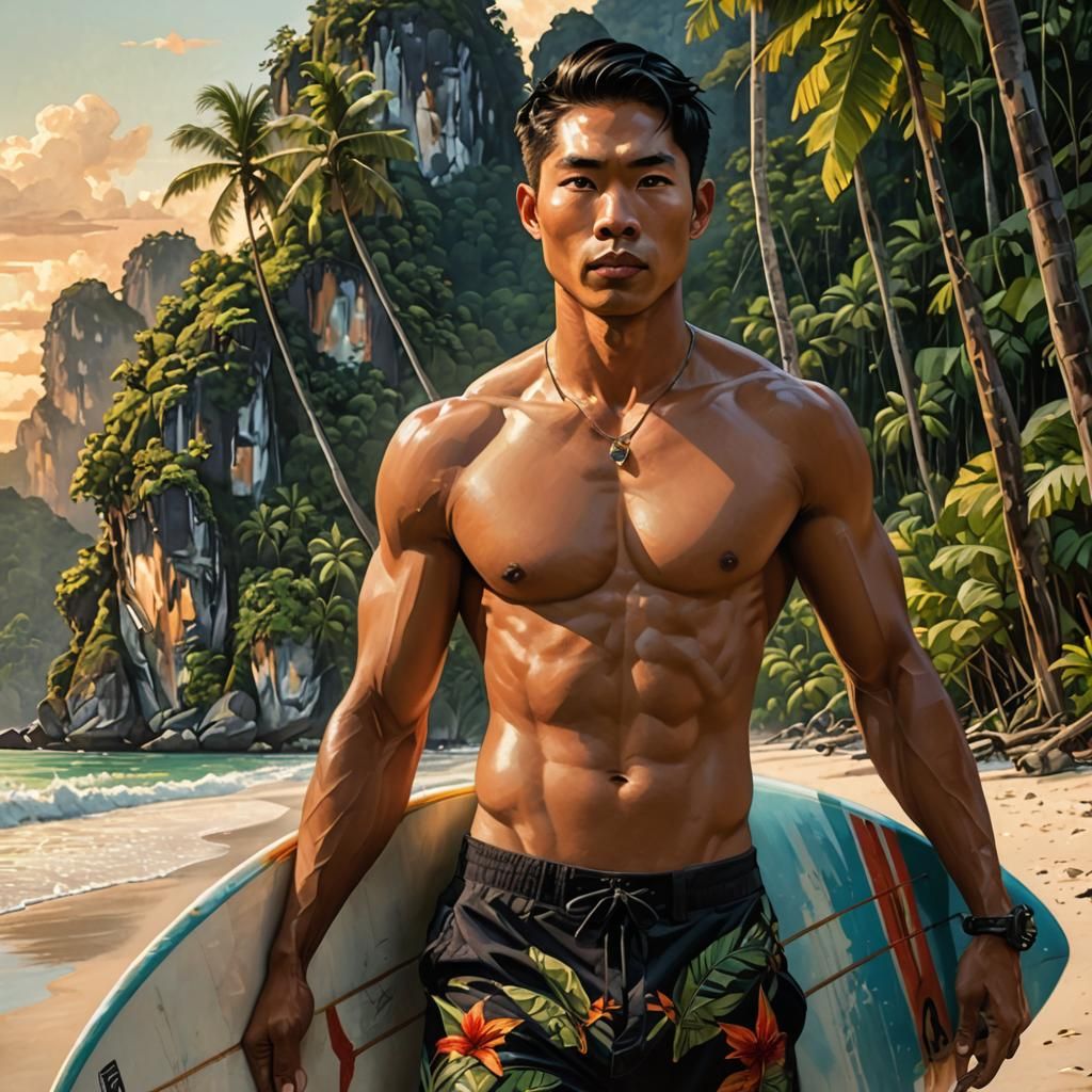 Androgynous Surfer on Railay Beach at Sunset