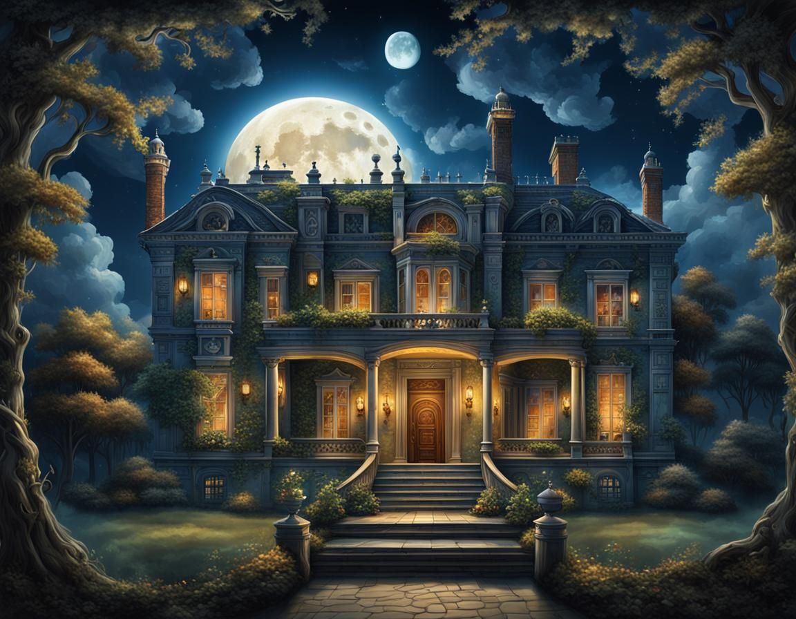 Full Moon Illuminates a Majestic Mansion
