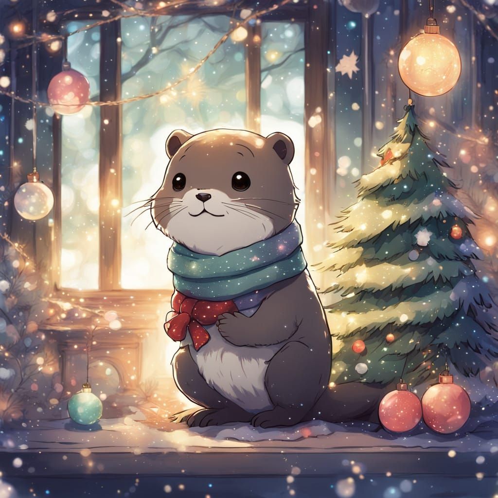 Surreal Winter Wonderland Scene with Otter Under Christmas T...