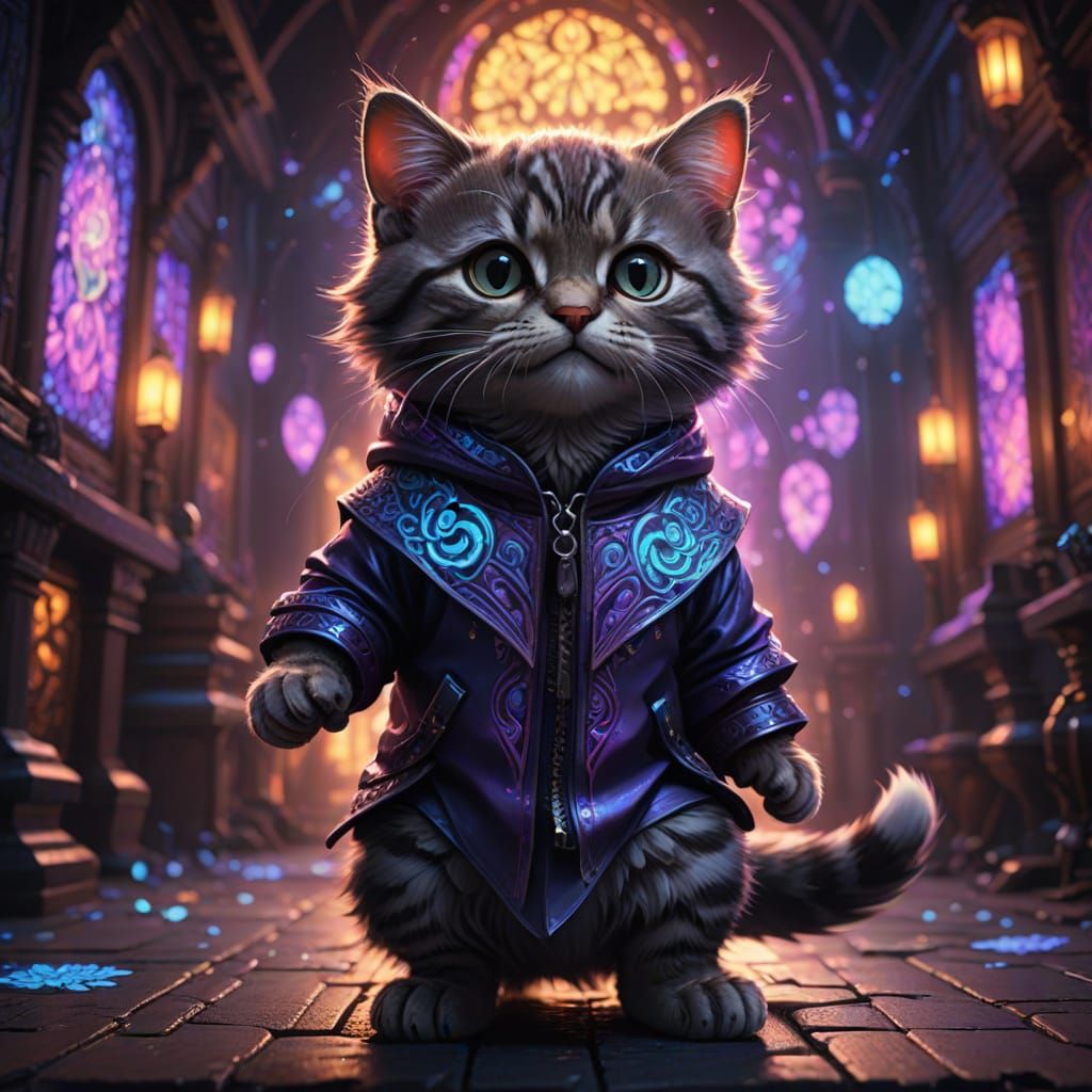 Fantastical Kitten Dancer in Neon-Lit Stage with Iridescent ...