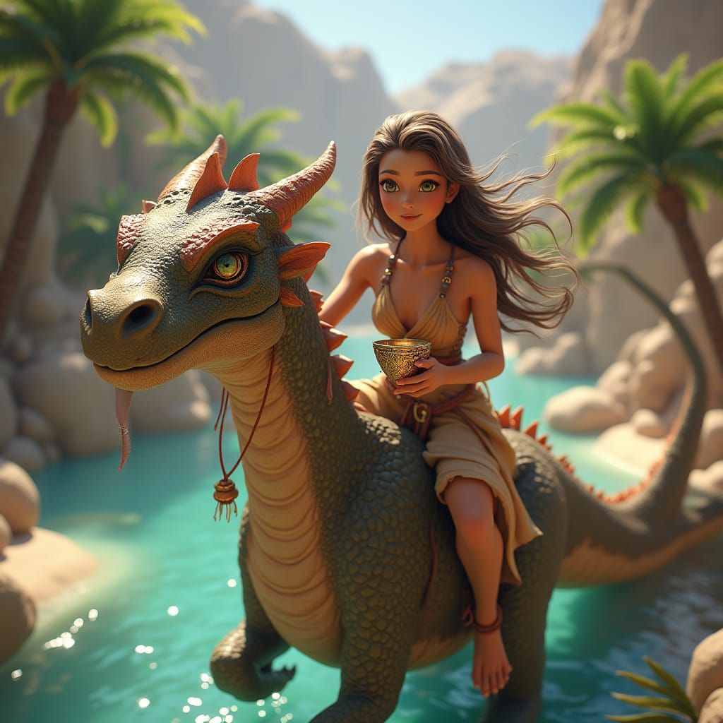 Realistic Dragon Rider in Oasis Landscape