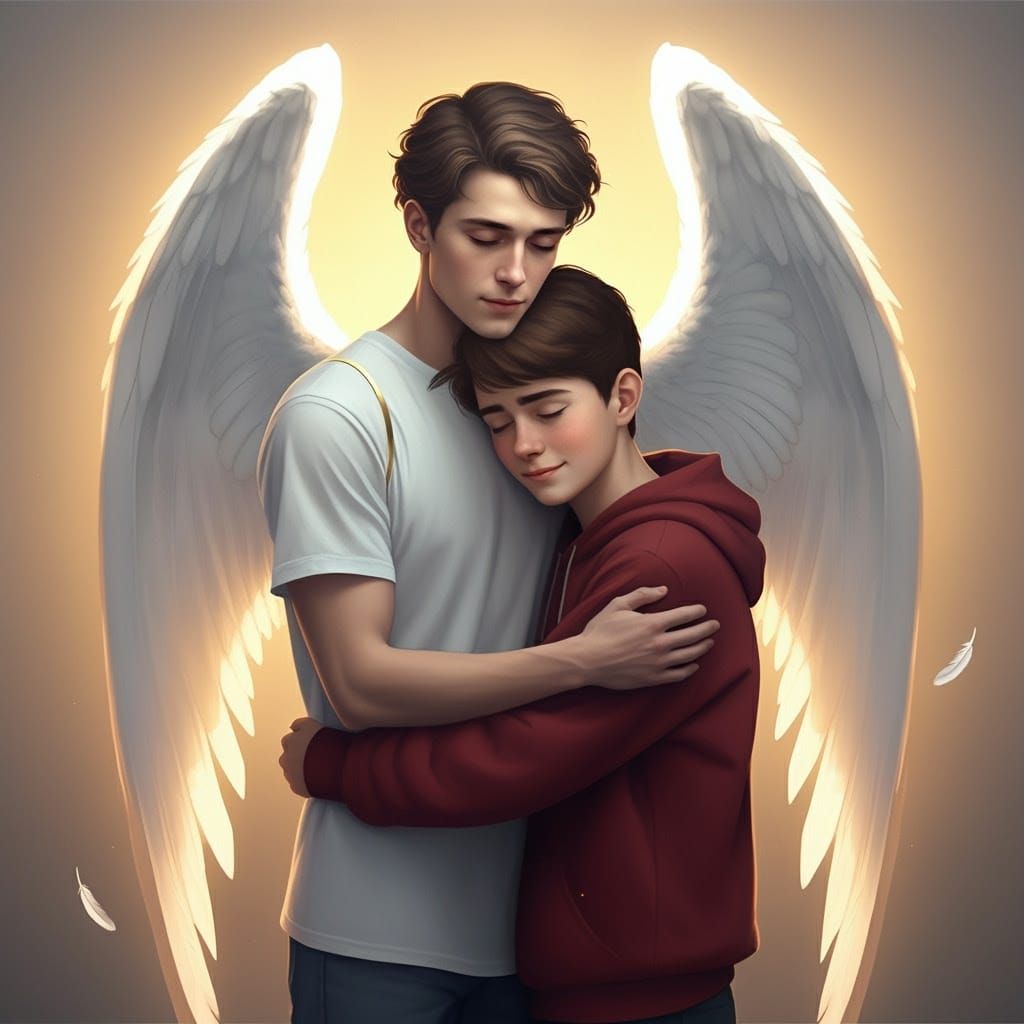 Angel Brothers Share Tender Embrace in Vibrant Fantasy Art