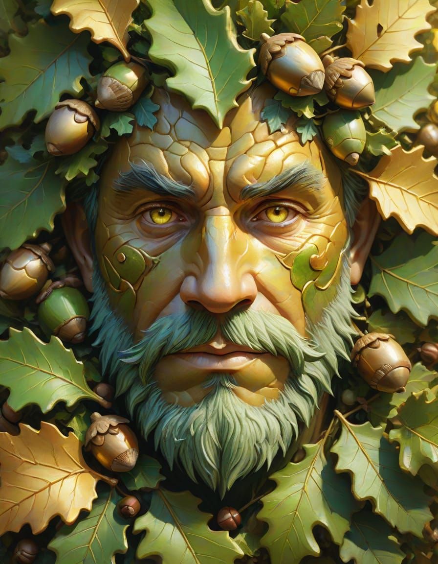 Green Man Portrait with Oak Leaves in Fantasy Art Style
