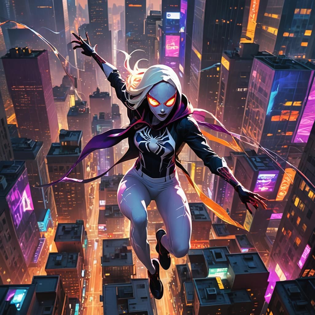 Spider Gwen Swings Through Electric Cityscape