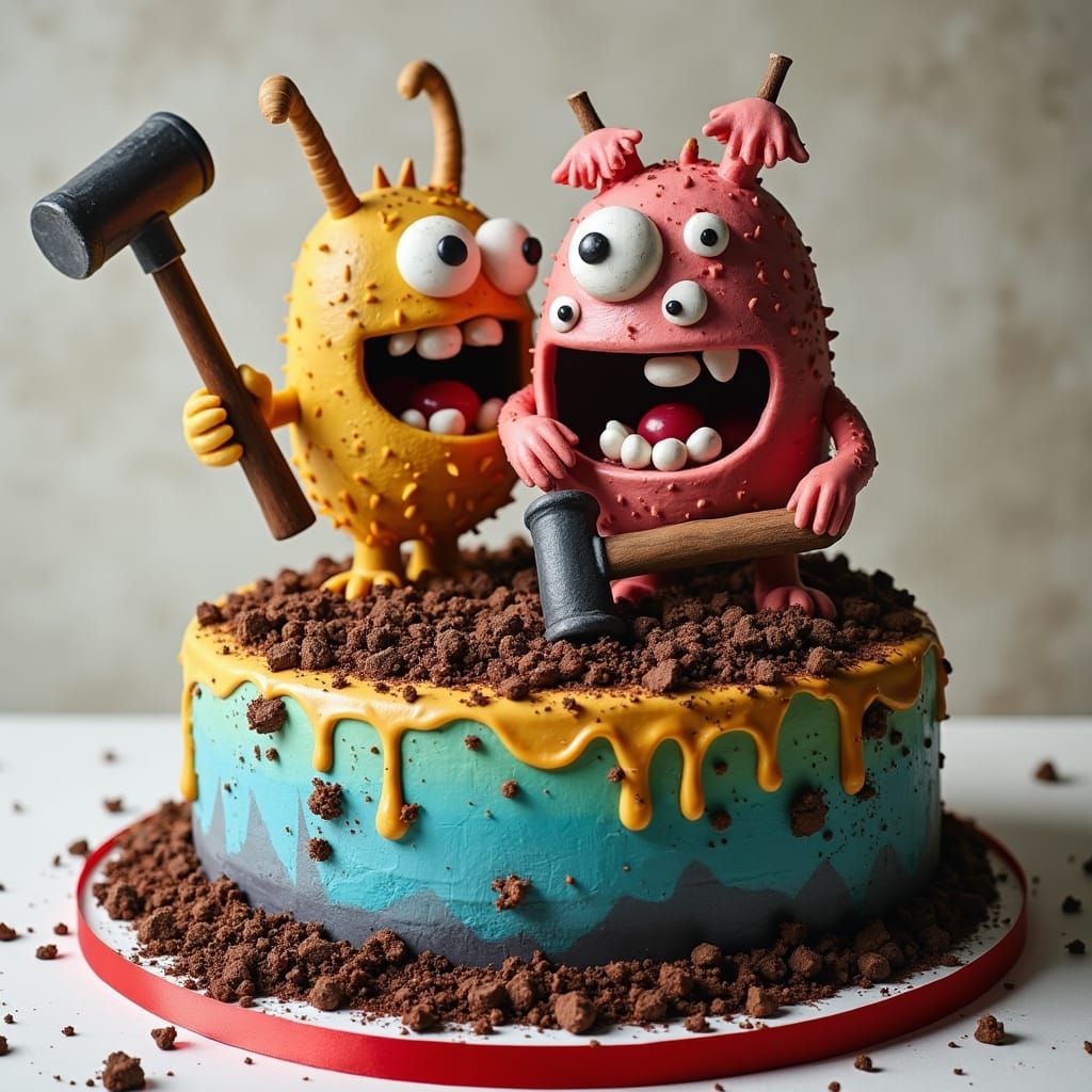 Vibrant Cake Creatures Operate Jackhammers on Enormous Desse...
