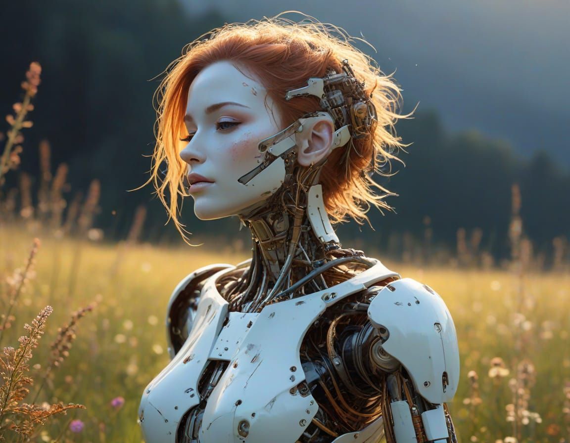 Moss-Covered Cyborg Robot in Meadow, Watercolor Style