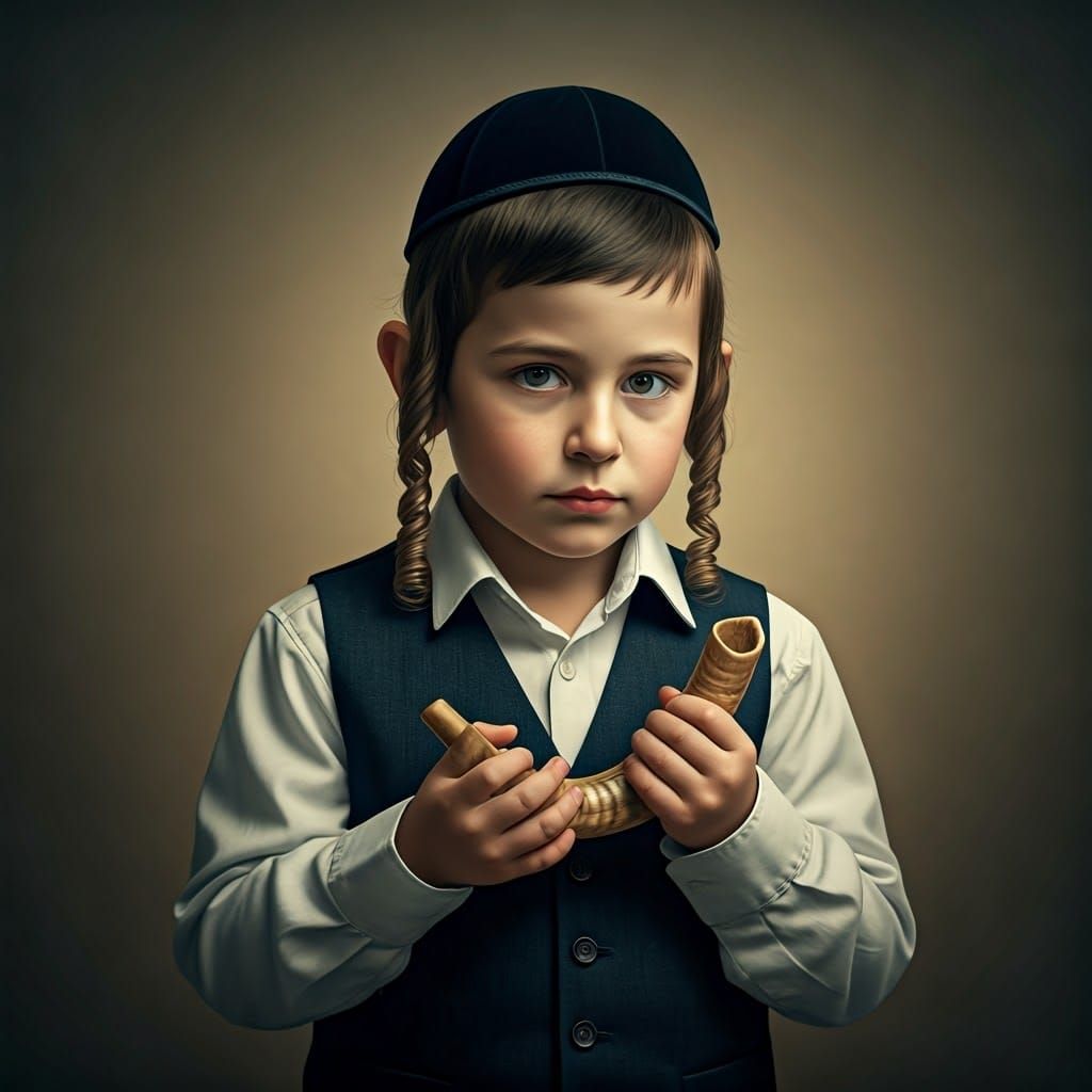 Serene Hasidic Youth Holds Shofar in Soft Focus