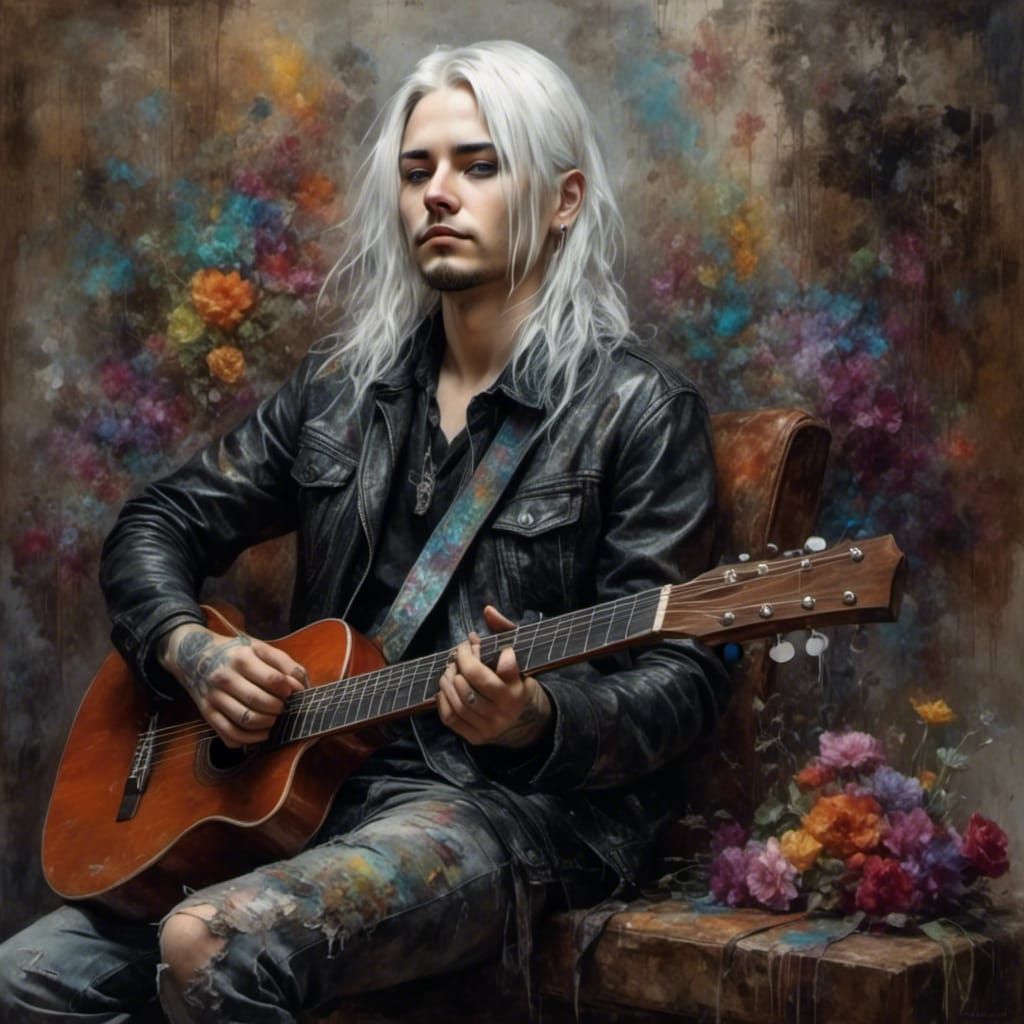 Goth Man's Portrait with Guitar and Rainbow Flowers