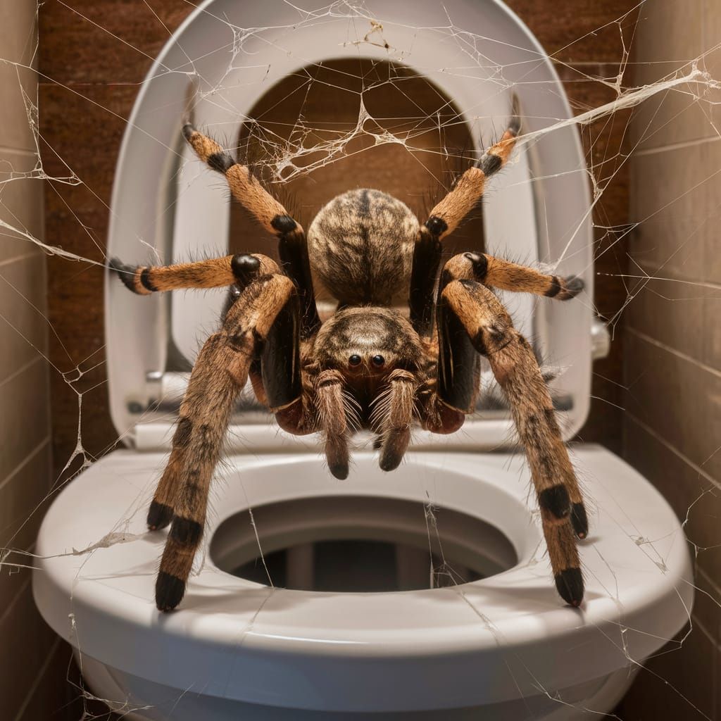 Wolf Spider Perched on Toilet Seat Edge