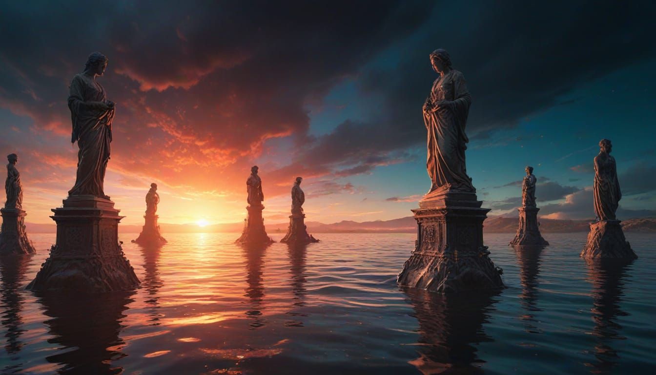 Vibrant Expressionist Masterpiece with Mirrored Statues and ...