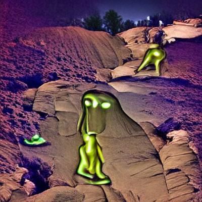 Glowing Alien Walks on Rocky Terrain at Night