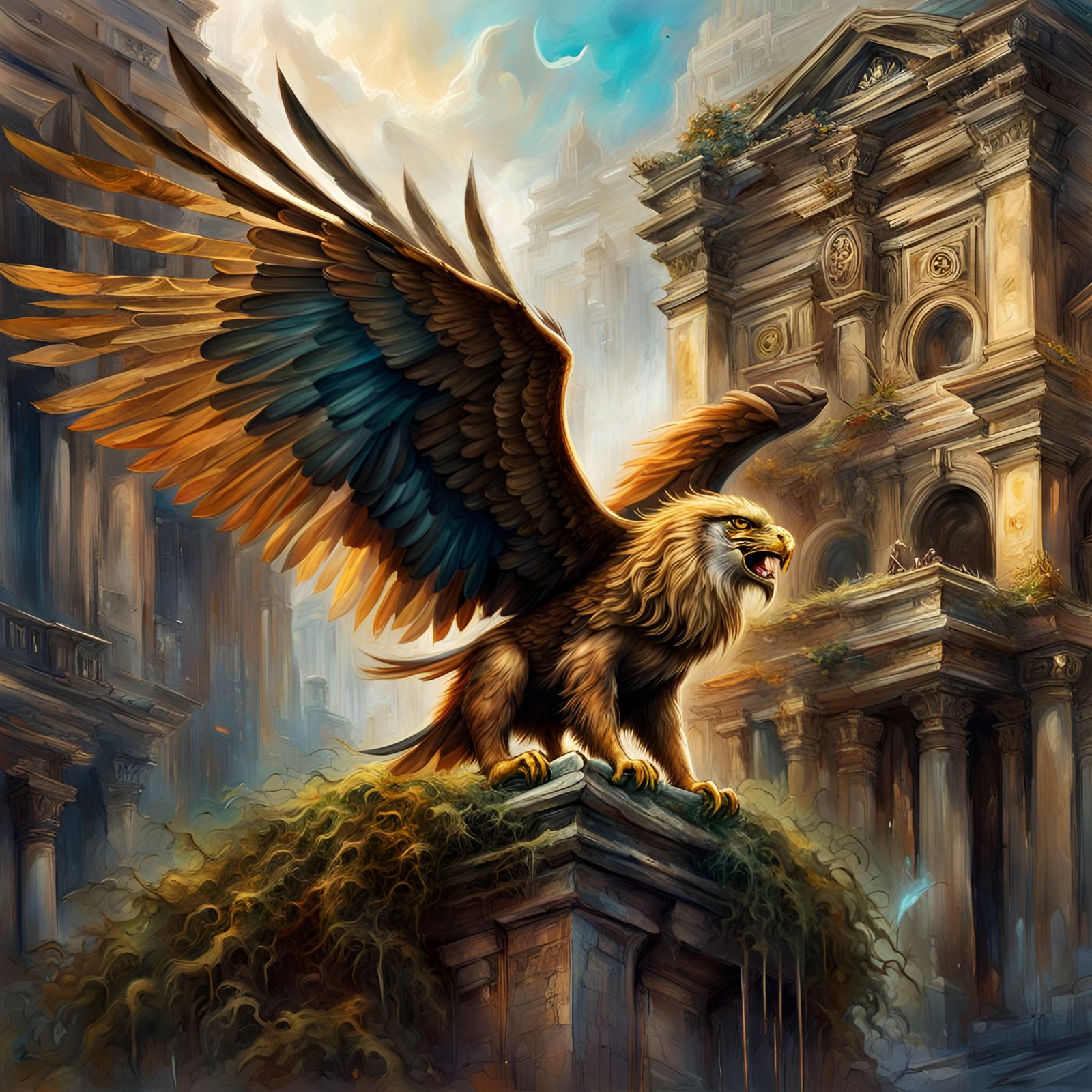 Gryphon Nesting in Stone City: Fantasy Oil Painting