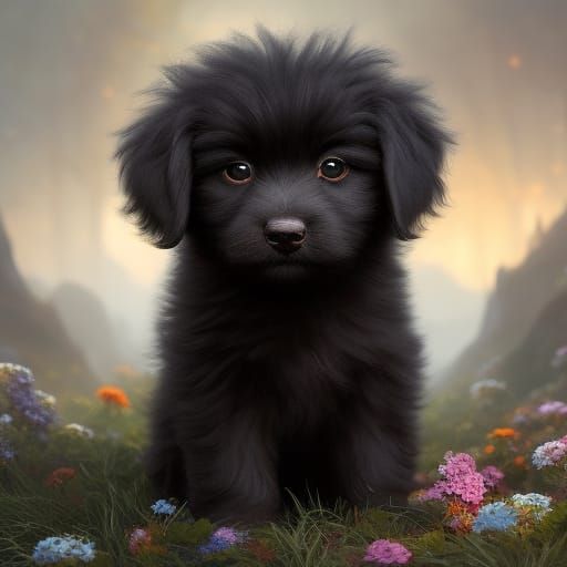 Adorable Black Puppy Portrait in Hyperdetailed Style