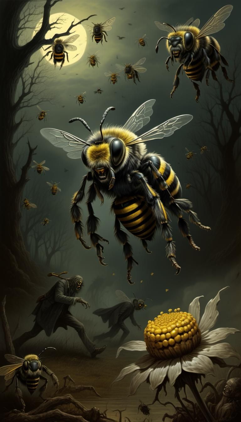 Zombie Bee Horror: Skinwalker in Engraving Style