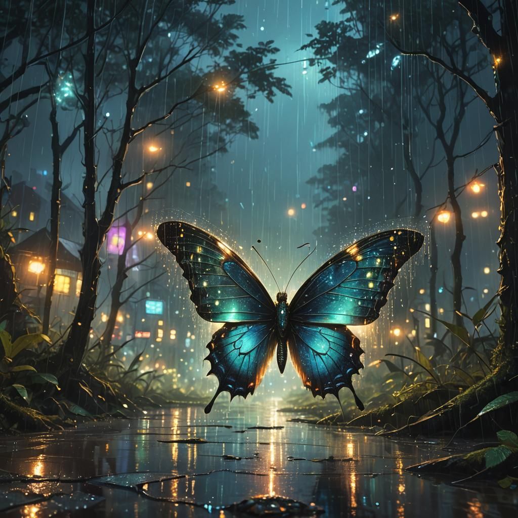 Diamond Butterfly in Rainy Night, Fantasy Art