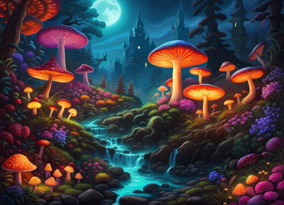 Glowing Mushroom Forest at Night in Street Art Style