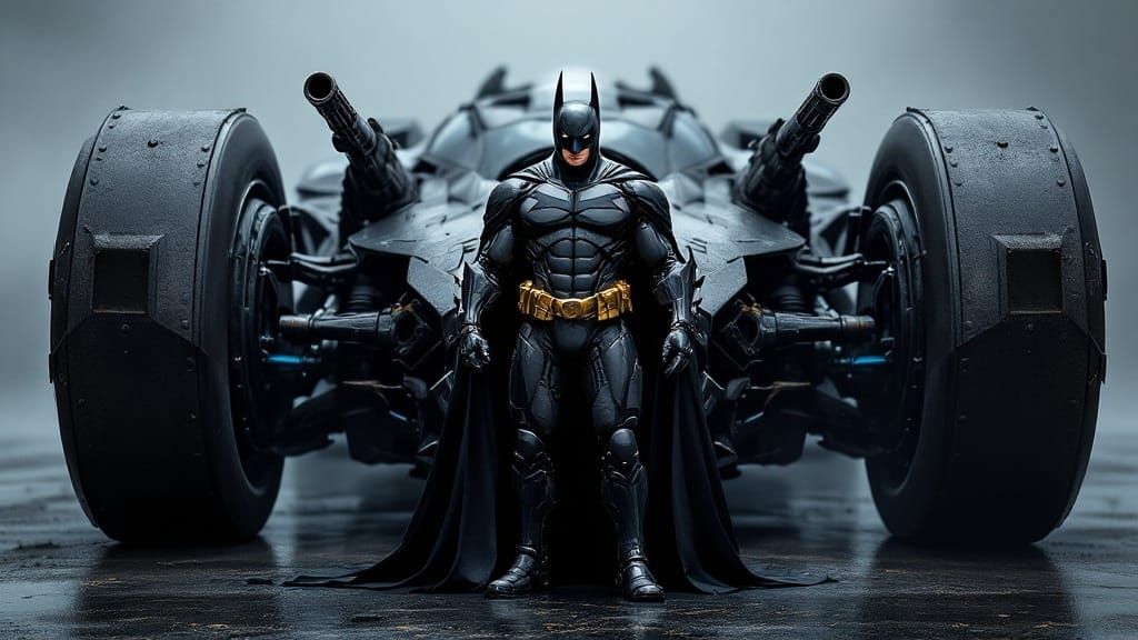Dark Steel Batman Standing Before Overturned Batmobile in Go...