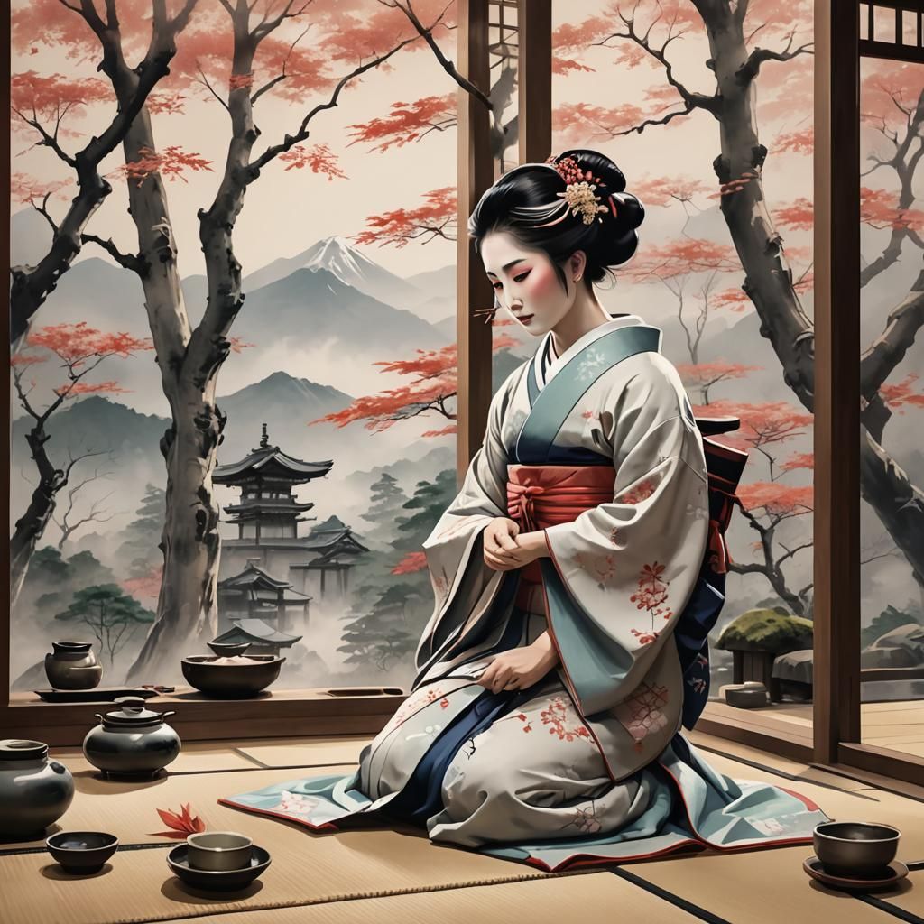 Geisha Tea Ceremony in Japanese Ink Painting Style