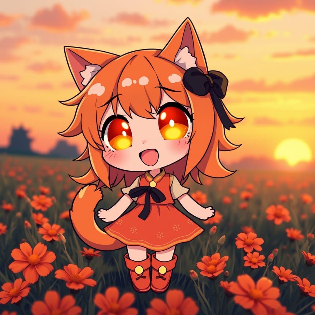 Whimsical Synthwave Catgirl Dances Amidst Vibrant Orange Blo...