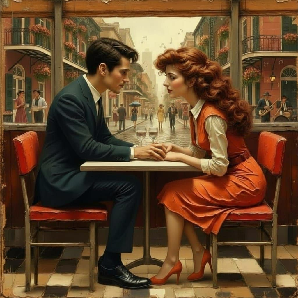 Couple Holding Hands at Bistro in Mid-Century New Orleans