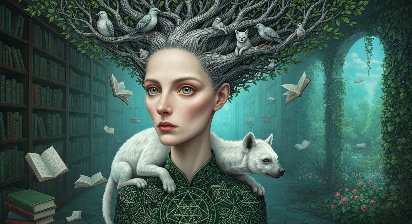 Surreal Portrait of Woman with Branch Hair and Hybrid Creatu...