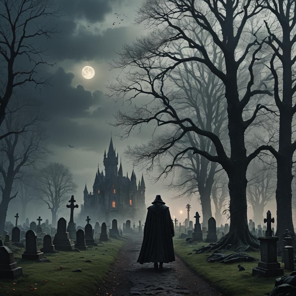 Vampire in Mist-Shrouded Gothic Cemetery