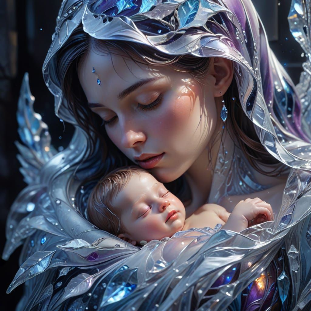 Ice Mother and Child in Luminous Oil Painting
